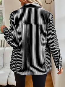 Striped Contrast Color Button-Up Long Sleeve Shirt, Suitable For Office Commute And Professional Wear Vacation Black Spring - Black - View 4