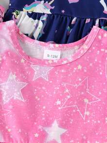 3件套女婴卡通独角兽、云朵、星星印花无袖休闲可爱连衣裙套装，夏季 - 彩色 - 查看 5