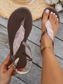 Livesso Leaf Rhinestone Decor Thong Design Women Flat Sandals, Fashion, Elegant, Comfortable, Versatile, Suitable For Walking, Home - Brown - View 6