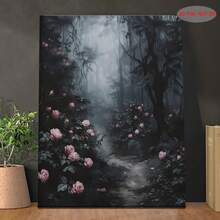 1pc Dark Floral Roses In Gothic Forest Art Print - 2D Flat, Landscape Wall Decor Bedroom, Living Room, Bathroom, Kitchen - 11.8x15.Inch, Wooden Frame, Holiday Or Family, Gothic Home Decor Wooden Frame Wooden Frame - 1 - View 1