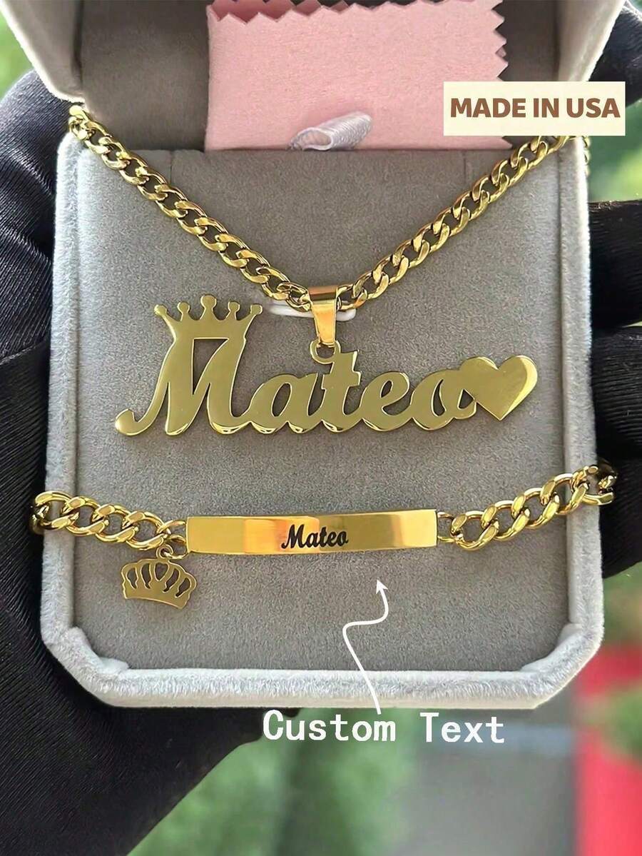1pc New Custom Name Set Stainless Steel Love Crown Name Pendant Engraved Name,18k Gold Electroplated Stainless Steel, Teen/Boy/Girl Bracelet Necklace Set, Soccer - Multicolor - View 1