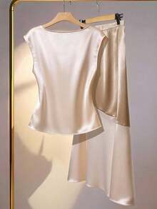 女士优雅时尚缎面翻领衬衫A字裙套装，衬衫领，适合日常、通勤和约会穿着 - 杏色 - 查看 7