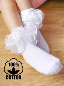 1 par de calcetines cortos de algodón con ribete de encaje de unicolor para niños, adecuados para baile, princesa, niños pequeños - Blanco - Ver 7