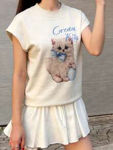 Y2K Spring/Summer Sleeveless Knit T-Shirt, Women's Casual Office Wear, Loose Fit Versatile Round Neck Fashionable Top - Apricot - View 3