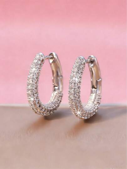 1 Pair Sparkling Zirconia Inlaid Luxurious Hoop Earrings, Suitable For Women, Essential For Dates, Atmospheric