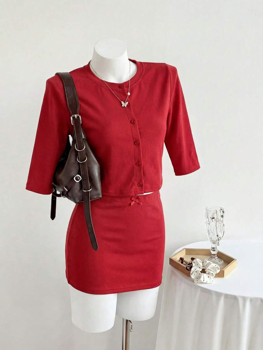 Women's Casual Style Solid Color Round Neck Skirt Set, 2026 New Versatile Casual Suit - Red - View 1