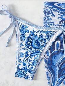 3-Piece Bikini Swimsuit Set, Sexy Women's Neck Strap Swimsuit With Floral Print For Summer Beach Wear, Random Print - Blue - View 5