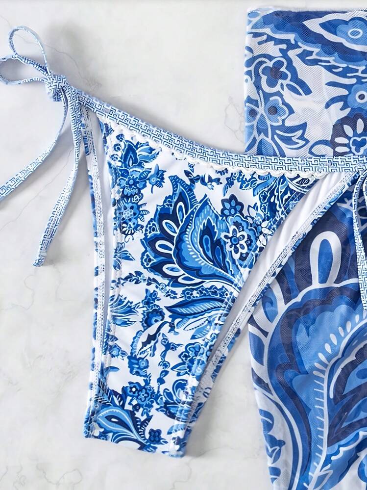 3-Piece Bikini Swimsuit Set, Sexy Women's Neck Strap Swimsuit With Floral Print For Summer Beach Wear, Random Print - 藍色 - 查看 5