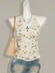 2026 Spring/Summer New Sequin Embroidered Tie-Front Plunge V-Neck Backless Camisole Top, Elegant Women's Summer Vacation, Beach, Party, Festival Outfit - Beige - View 8