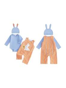 Conjunto de Pascua para bebé niño, mono de manga larga con bordado a cuadros, pantalones y gorro. - Azul - Ver 3
