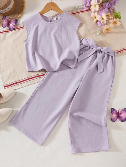 两件套：无袖纹理露脐上衣 + 系带阔腿裤，休闲日常穿着，春夏款