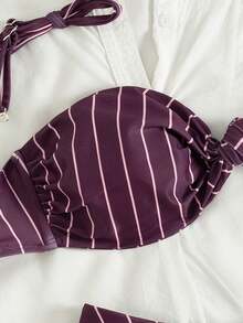 PEPPERMOLLY 新款柔软条纹印花可调节绑带露背优雅派对比基尼套装，夏季沙滩时尚女士比基尼度假 - 深紫色 - 查看 5