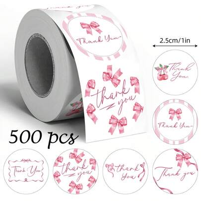 500pcs Pink Bow Thank You Doodle Stickers, 1 Inch Round, Scrapbooking, Diary, DIY Decorative Tapes, Cards, Envelopes, Gift Wrapping, Suitable For Daily And Holiday Parties, PVC Sticker