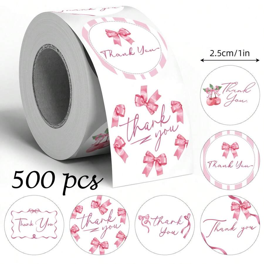 500 Peças Adesivos Decorativos Laço Rosa Obrigado, Redondos de 1 Polegada, Scrapbooking, Diário, Fitas Decorativas DIY, Cartões, Envelopes, Embrulho de Presente, Adequado para Festas Diárias e de Feriados, Adesivo de PVC - 500 adesivos Adesivos laço rosa B - Visão 1
