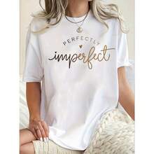 Women's Casual Crew Neck T-Shirt, Printed With The Slogan "Perfect Imperfection", Loose Short Sleeves, Letter Pattern, Fashionable Top For Spring And Summer. - 黑色6 - 查看 4