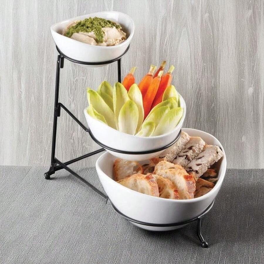 Elegant 3-Tier White Bowl Stand Serving Set With Metal Frame - Multicolor - View 1