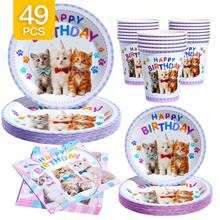 49/25/8pcs Assiettes, serviettes et gobelets jetables mignons avec motif chat pour anniversaire, ensemble de fournitures de fête jetables, convient pour 8 invités, assiettes en papier jetables, vaisselle de table de fête convenant pour anniversaire, mariage, fête à thème, pique-nique familial - Multicolore - Voir 1