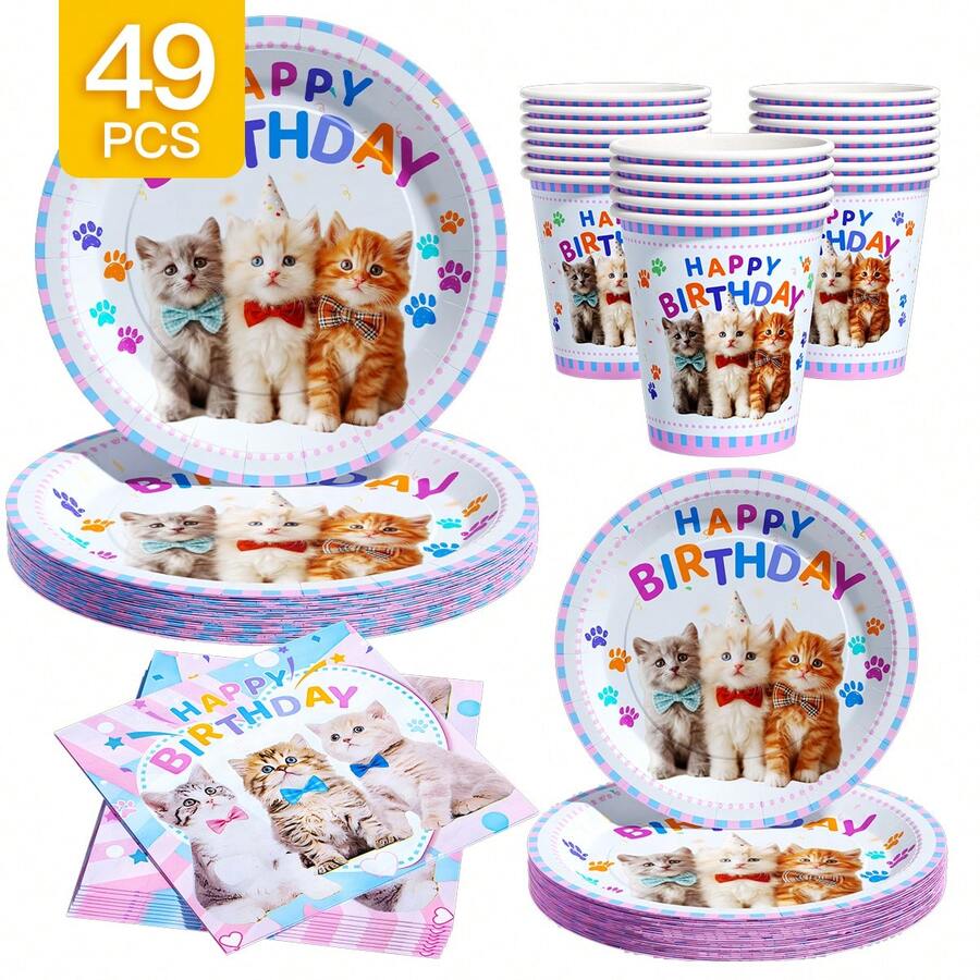 49/25/8pcs Assiettes, serviettes et gobelets jetables mignons avec motif chat pour anniversaire, ensemble de fournitures de fête jetables, convient pour 8 invités, assiettes en papier jetables, vaisselle de table de fête convenant pour anniversaire, mariage, fête à thème, pique-nique familial - Multicolore - Voir 1