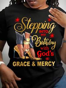 Women'S Casual Stepping Into My Brithday With God'S Grace&Mercy Print Lightweight T-Shirt, Crew Neck Short Sleeve Tops For Summer, Summer Vacation Clothing, Suitable For Festival & Daily Wear - màu đen - Xem 1