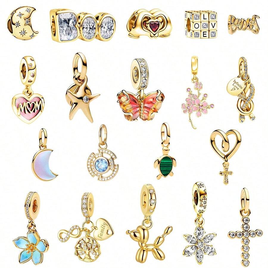 时尚欧美金色青铜色玻璃蝴蝶吊坠珠，蓝色花朵珠，适配925镀银原创DIY手镯，女士珠宝礼品 - 彩色 - 查看 1