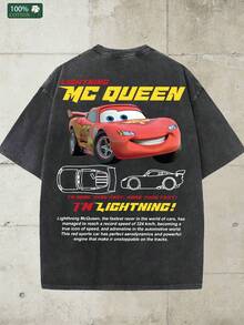 Disney-Racing Mobilization Lightning McQueen Pure Cotton Short Sleeved T-Shirt For Men In Summer Doing Old Water Washed Loose Large Size Top Car Design Printed Casual Half Sleeve Parent Child Wear - màu đen - Xem 4
