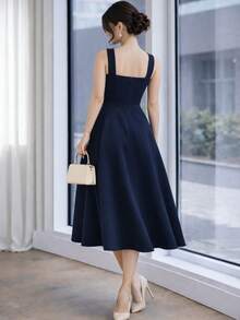 Women's Midi Dress With Square Neckline And Defined Waist - Màu xanh hải quân - Xem 3