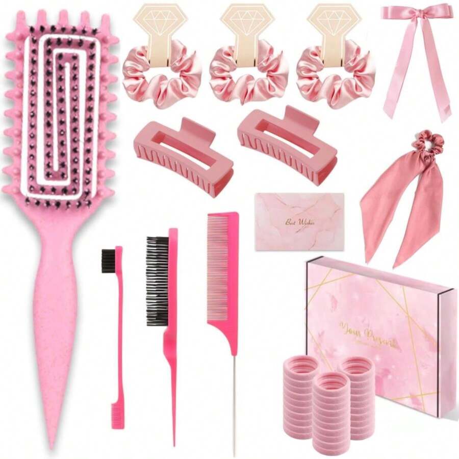 Curly Hair Brush,Curl Defining Brush,Slick Back Hair Brush,Rat Tail Comb,Edge Bristle Brush,Clip Claw,Bow,Satin Scrunchies,No Damage Hair Ties,Scarf Hair Ties,Gifts For Women,Best Gift Set(Pink) - ColorA - 查看 1