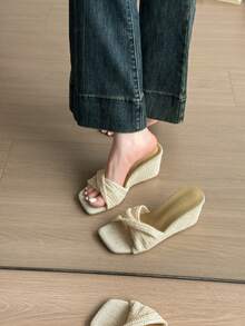 Damen Mode Quadratische Zehenkappe Elegante Slip-On Keilsandalen, Beige oder Braun Farboptionen, vielseitig & bequem - Beige - Übersicht 4