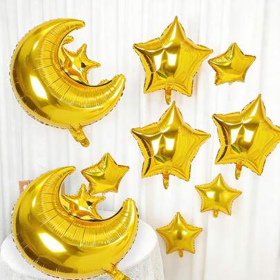 10 Pieces Golden Aluminum Foil Balloons With Stars And Moons For The Festival Of Ramadan, Suitable For Decorations Of The Ramadan Festival Background At Muslim Gatherings