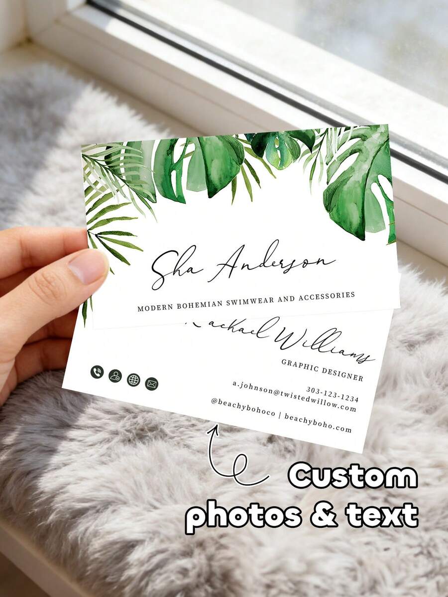200/500/1000pcs Customized Business Card,Classic Modern Wedding Or Cocktail Party Invitations And Thank You Notes With Envelopes,Tropical Greenery, Palm Leaves,Tropical Banana Leaves Invitation - Multicolor - View 1
