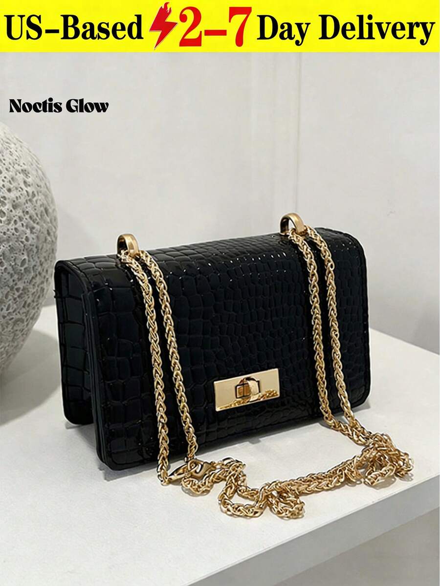 Faux Leather Solid Color Crocodile Embossed Fashion Mini Chain Crossbody Bag - màu đen - Xem 1