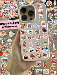 1pack/64PCS, Watercolour Sketches From A Journey Through Japan Stickers, PVC Material, Each Measuring 3 To 7 Centimetres, Creative Aesthetic Design Sticker, Each One Is Different, Applicable, Handwritten Journal, Tablet Computer, Notebook, Phone Case, Notebooks, Kindle, Pencil Case, Laptop, Motorcycle, Skateboarding, Scrapbook, Guitar - 1 Pack/64 PCS - View 1