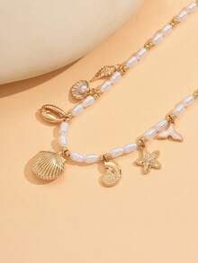 1 pieza Collar de múltiples colgantes con criaturas marinas para vacaciones de verano, collar de cuentas hecho a mano con perlas falsas asimétricas creativas de CCB para mujeres, adecuado para uso diario, decoración, fiesta en la playa, festival de música, viajes y sesión de fotos - Multicolor - Ver 3