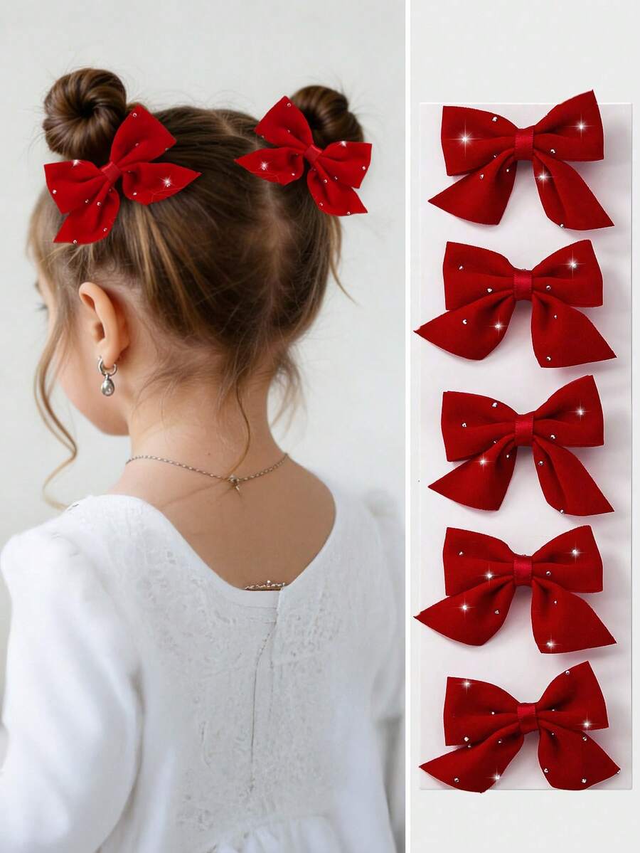 5pcs/Set Girls Velvet Bowknot Hair Clips, Red Barrettes With Rhinestones, Elegant Hair Accessories For Daily Use, Suitable For Christmas, Valentine's Day - Red - View 1