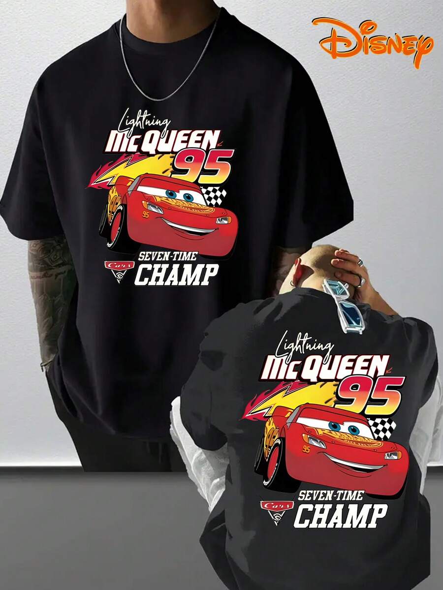 Disney Men's T-Shirt With Lightning McQueen Cartoon Pattern Featuring "Cars" Theme Printed On The Front And Back, Fashionable, Soft And Comfortable Cotton T-Shirt, Retro Street Feel - 黑色 - 查看 1