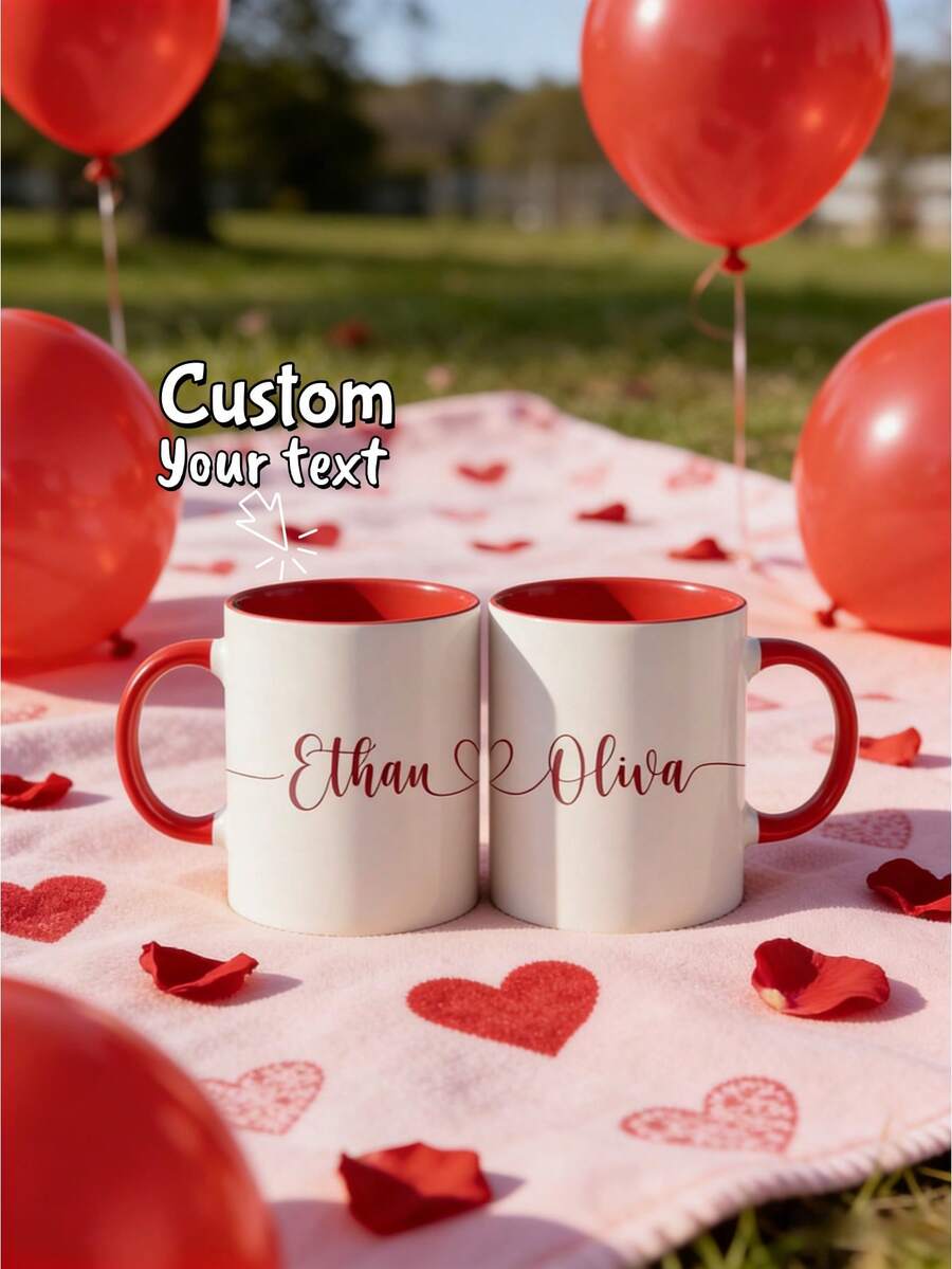 1Pc Personalized Couple Matching Mug – Custom Names Ceramic Coffee Cup, Cute Romantic Design, Daily Use Drinkware, Valentine's Day Gift For Boyfriend & Girlfriend, Couples Gift - Multicolor - View 1