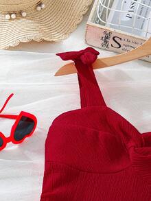 Left Mama 女童优雅红色蝴蝶结吊带连衣裙，适合夏季参加派对和度假 - 紅色 - 查看 4
