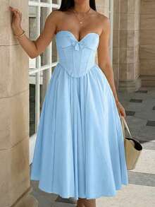Glamful Elegant V-Neck Bow Decor Strapless Bandeau Sexy Backless Fitted Princess Style Puffy Women's Dress, Elegant Dress For Women, Holiday Dress, Vacation Dress, Blue Dress For Women, Long Summer Dress For Women - Blue - View 8