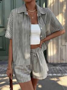 VIVINA Summer Casual Vacation Striped Print Loose Top And Shorts 2 Pieces Set, Women Summer Casual Outfit, Women Vacation Outfit, Women Loungewear - Grey - View 8