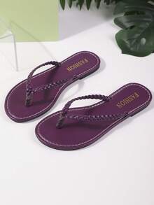 Dép xỏ ngón dệt kim cho nữ, dép đế bằng, dép đi biển kiểu dáng thường ngày, dép hở ngón cho mùa hè ngoài trời, kiểu Pháp thời trang phù hợp với váy, đi biển. - Màu tím - Xem 10