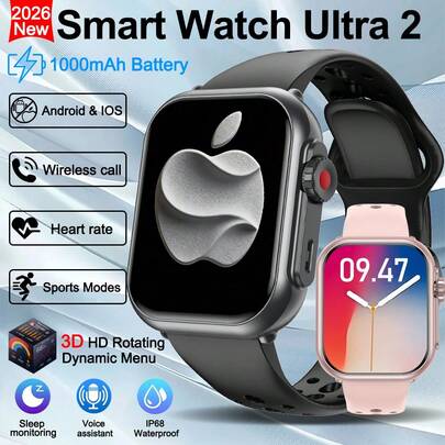 2026新款女士奢华智能手表Ultra 2，配备1000mAh大容量电池，1.85英寸全触控彩色AMOLED屏幕，支持无线通话、语音助手、音乐控制、睡眠监测、健身追踪（含100多种运动模式），是一款女士健康智能手表，兼容iOS和安卓系统，是理想的圣诞礼物之选。