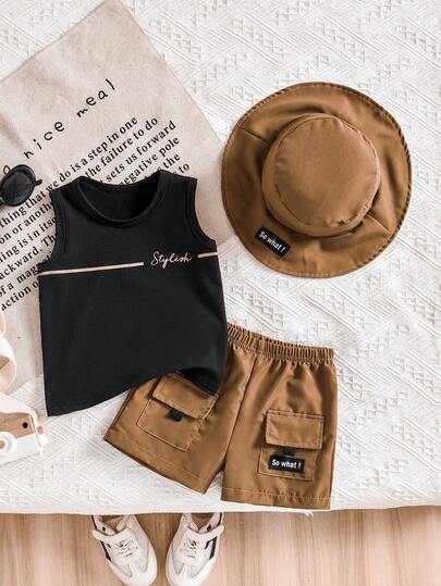 Bhchntiy 3pcs/Set Baby Boy Summer New Striped Letter Print Solid Color Round Neck Vest, Solid Color Pocket Pants, And Hat Casual Fashion Outfit
