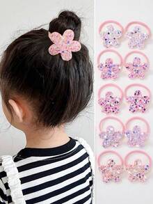 10pcs/Set Girls Shiny Sequin Pink Flower Hair Scrunchies, Cute & Fashionable Hair Ties, Suitable For Daily Use - Multicolor - View 3