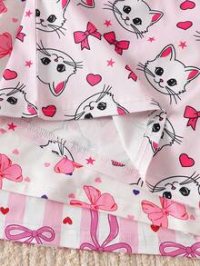 3 Sets (6pcs) Girls & Toddlers Casual Cat, Bow, Star, Heart Pattern Soft & Comfortable Flame Retardant Knit Fabric Short Sleeve T-Shirt And Shorts Pajama Sets, Suitable For Spring/Summer Wear - Multicolor - View 5