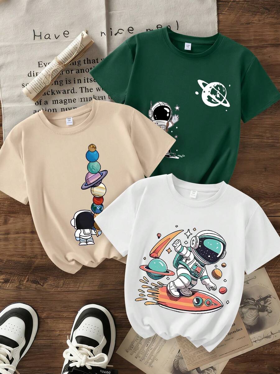 Bộ 3 áo thun cổ tròn tay ngắn in họa tiết phi hành gia không gian cho bé trai, thời trang, mùa hè/thu - Nhiều màu - Xem 1