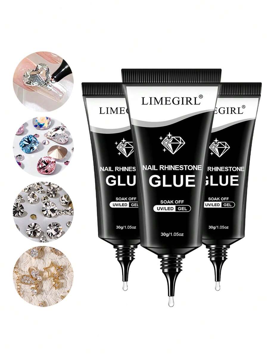 LIMEGIRL 钻石美甲胶：超强凝胶美甲胶，适用于美甲装饰和宝石，3D美甲水钻，适用于美甲沙龙和DIY美甲，30克装，需UV灯固化，美容礼品 - 3PCS - 查看 1