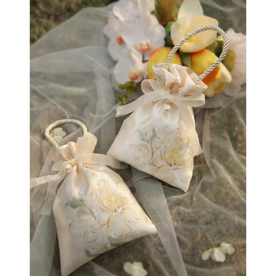 10 Bags Of Wedding Sweet Treats In Peony Flowers. High-End Wedding Sweet Box. Hand-Held Candy Bag. Light Luxury Flower Bag With Pearls And Ribbons. - Multicolor - View 1