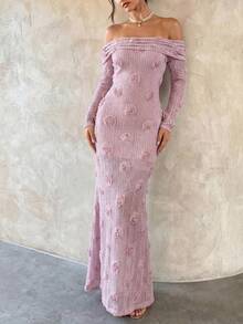 GlamSlay elegantes Blume Muster Off-Shoulder Langarm Kleid, luxuriöser Abendmantel, geeignet für Brunch Dates, Gartenfeste, gemütliche Stadtabende, Urlaube und mehr - Pink - Übersicht 1