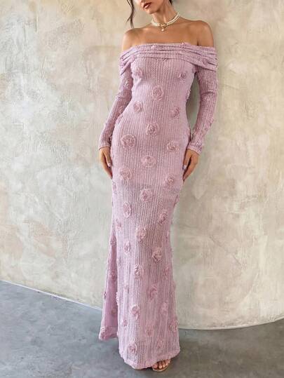 GlamSlay 优雅印花露肩长袖连衣裙，奢华晚礼服，适合早午餐约会、花园派对、舒适的都市夜晚、度假等场合。