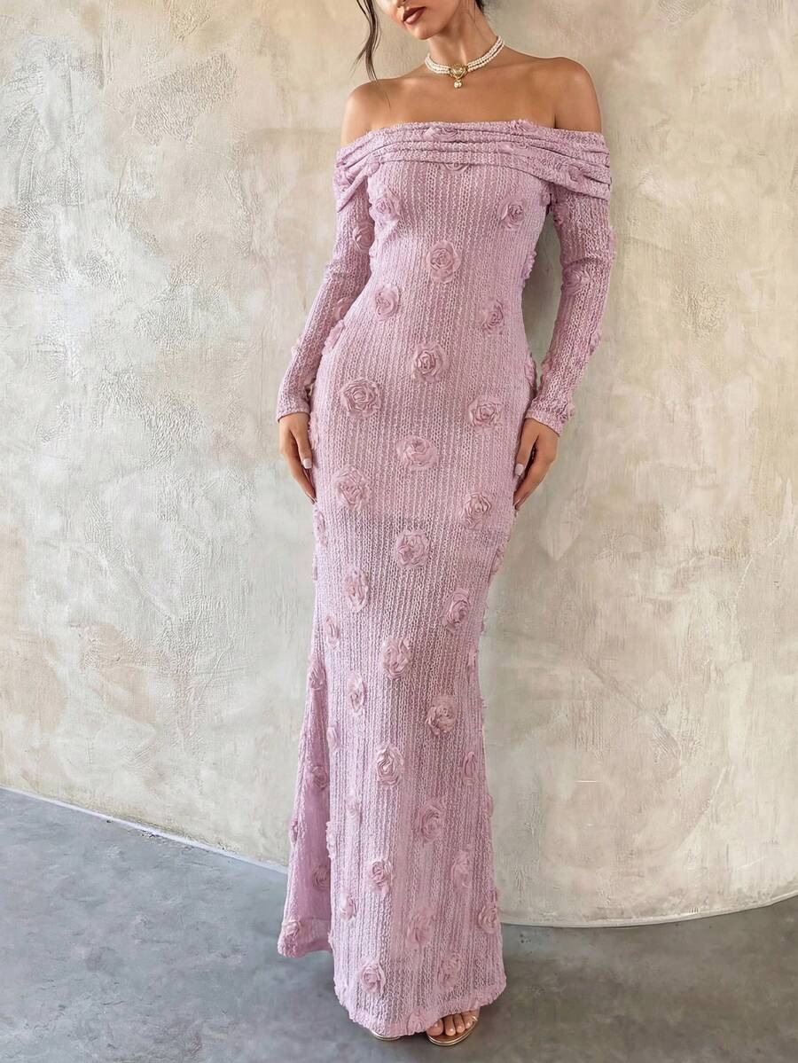 GlamSlay elegantes Blume Muster Off-Shoulder Langarm Kleid, luxuriöser Abendmantel, geeignet für Brunch Dates, Gartenfeste, gemütliche Stadtabende, Urlaube und mehr - Pink - Übersicht 1